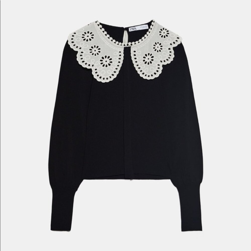 Zara Black With White Collared Ribbed Sweater Size M